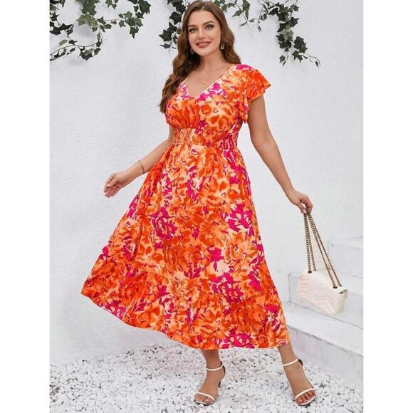 Breezaya by SHEIN Women’s L Surplice V-Neck Midi Dress Orange Floral - Picture 1 of 7